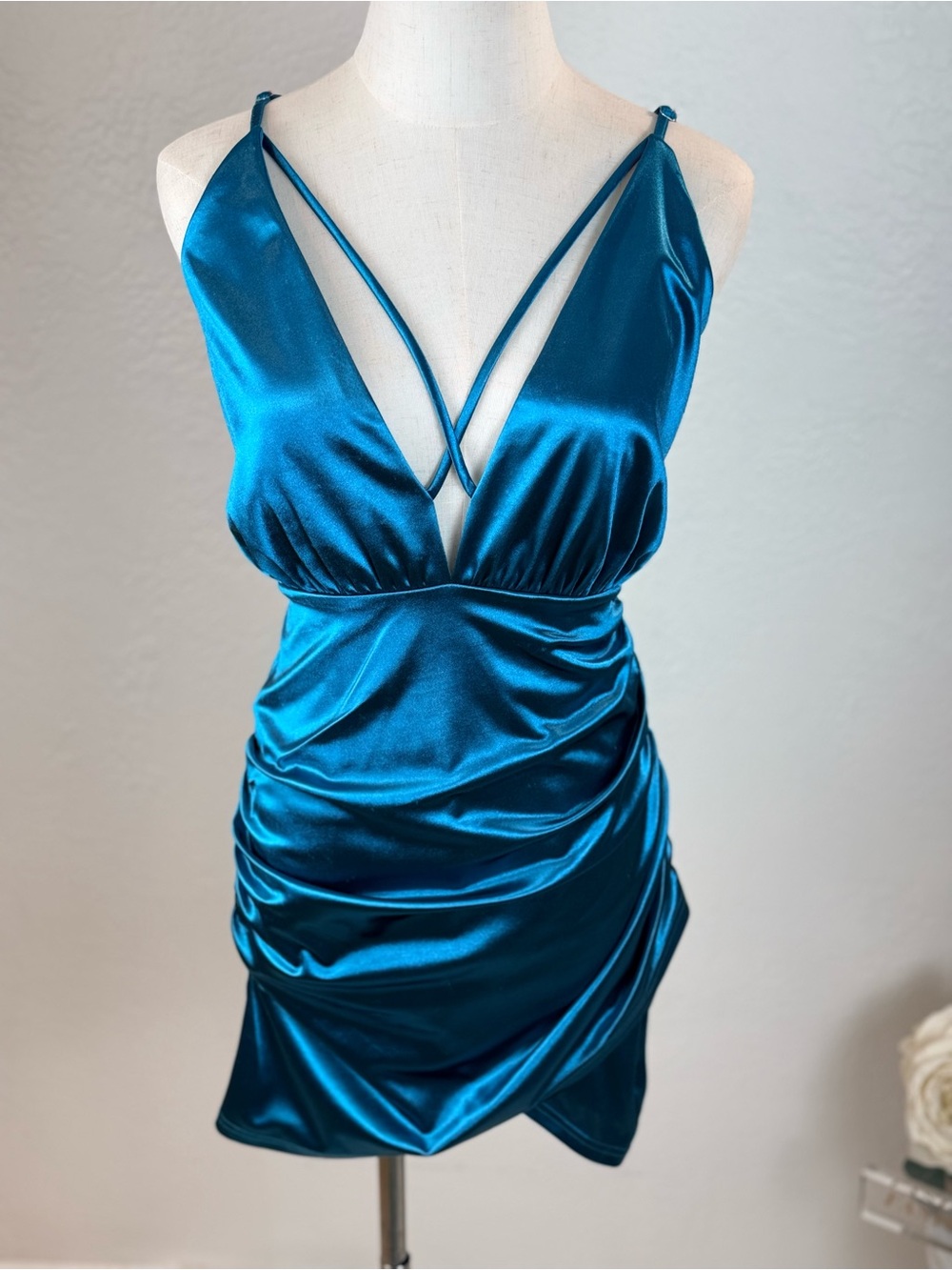 Area Stars Dark Teal Liquid Satin Ruched Mini Dress Luxe Party Large